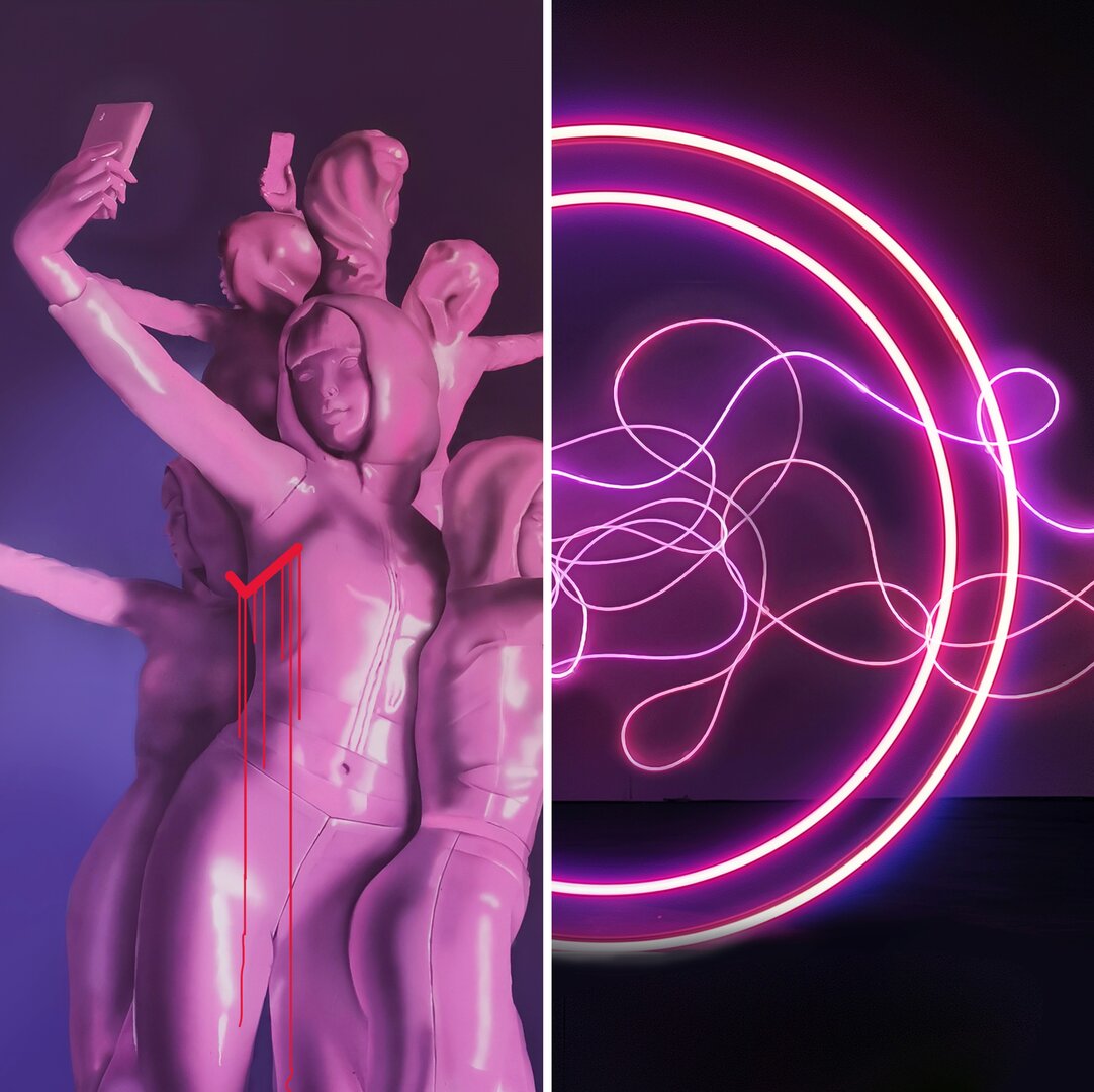 Abb.: Self, Acryl & Graffiti auf Leinwand, 2019 / Der Kreis schließt sich, Neon-LEDs auf Stahlschnitt, 2023