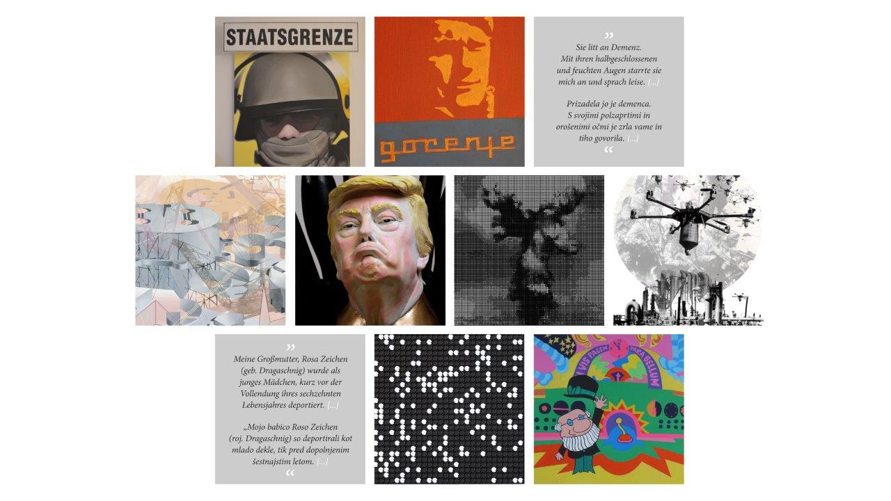 Collage zur Ausstellung SI VIS PACEM mit Werken aller teilnehmenden KünstlerInnen und LiteratInnen